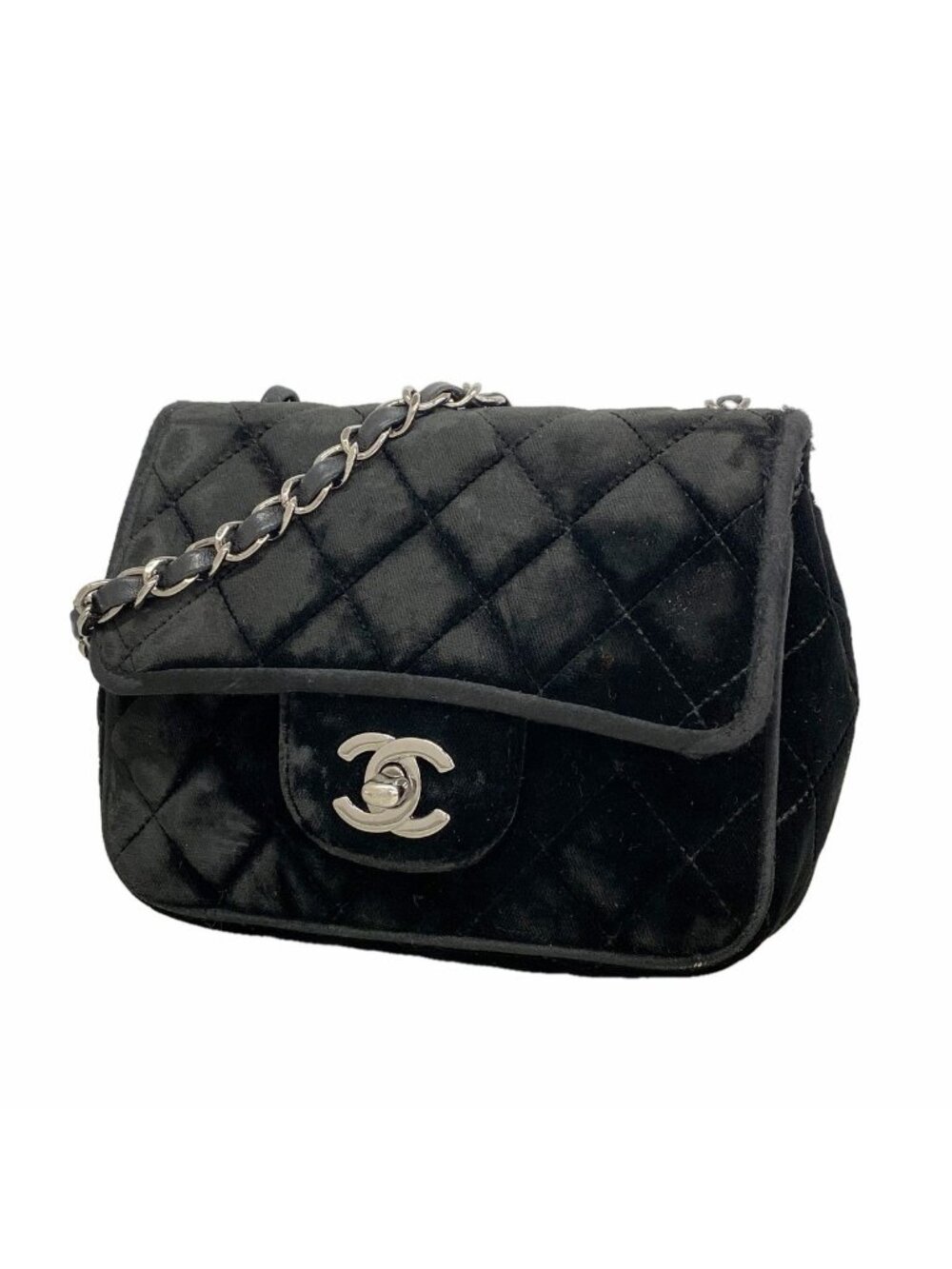 Chanel Shoulder Bag Mini Quilted Velour Black Silver